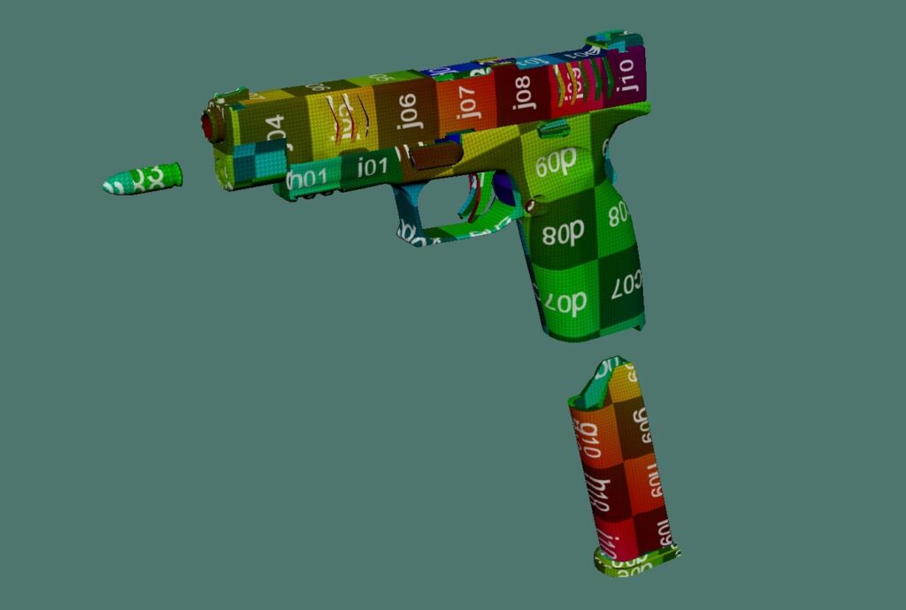 Finished low poly with UVs. Using a 2K checker. Avoid stretching if you can. A minimal amount for non-vital parts is allowed, like the magazine which will only be seen for a short period of time.