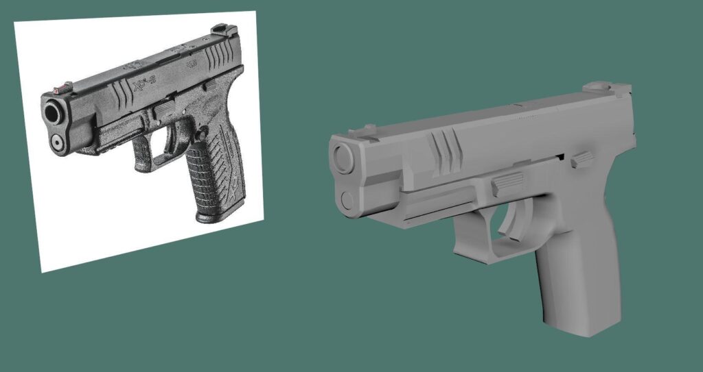 *First blockout. You can see the gun is overall too thick and seems too clunky.